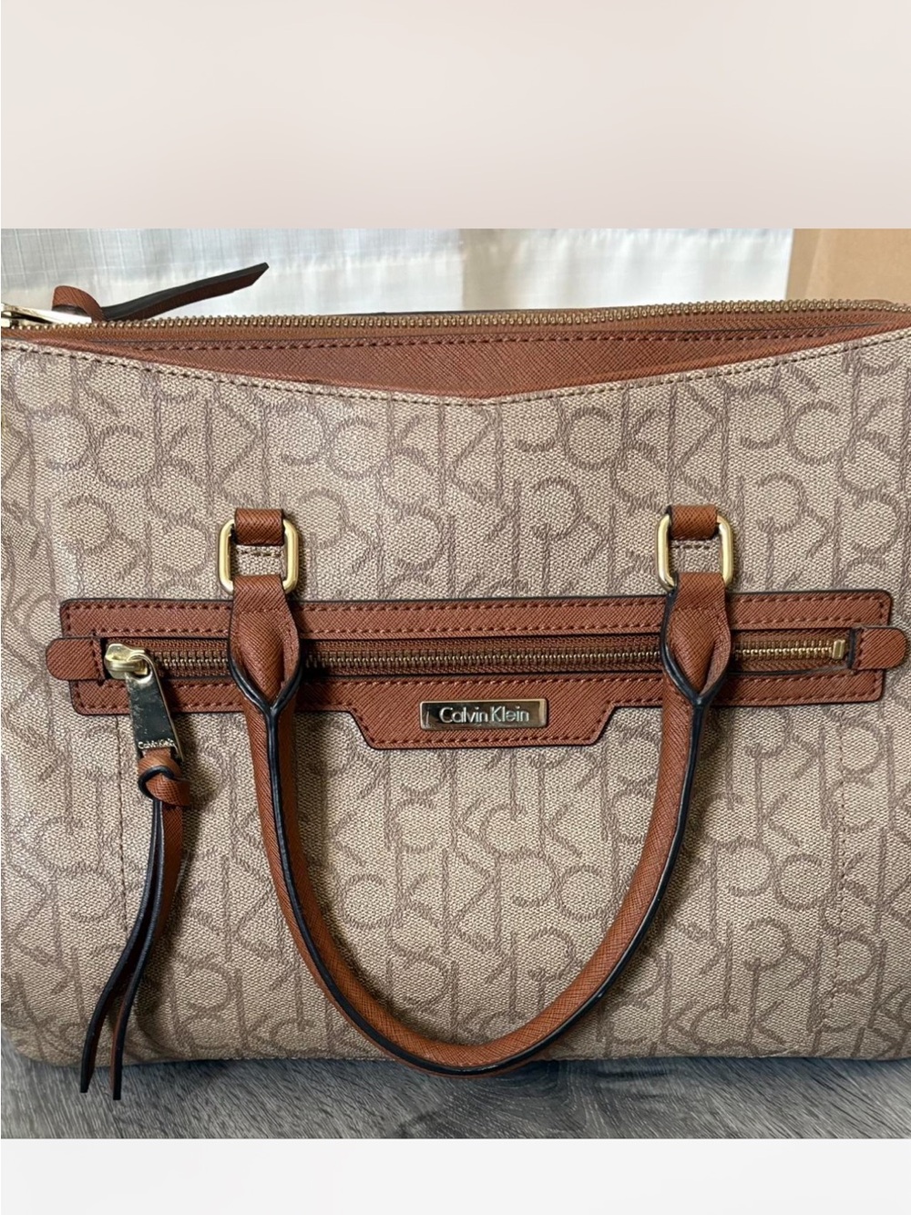 Calvin Klein Beige Monogram Satchel with Brown Trim